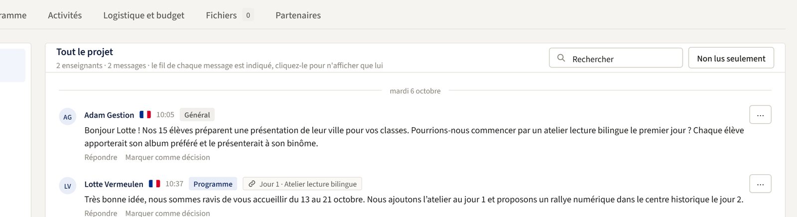 Discussion du projet, rangée par fil