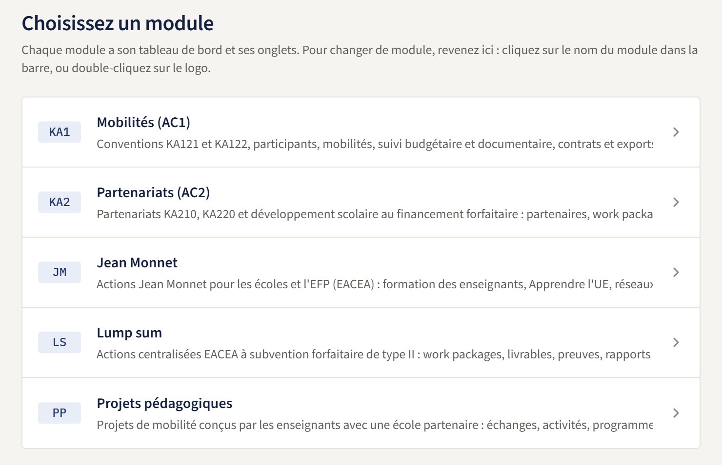 Écran de choix du module dans Connectera : Mobilités, Partenariats, Jean Monnet, Lump sum, Projets pédagogiques